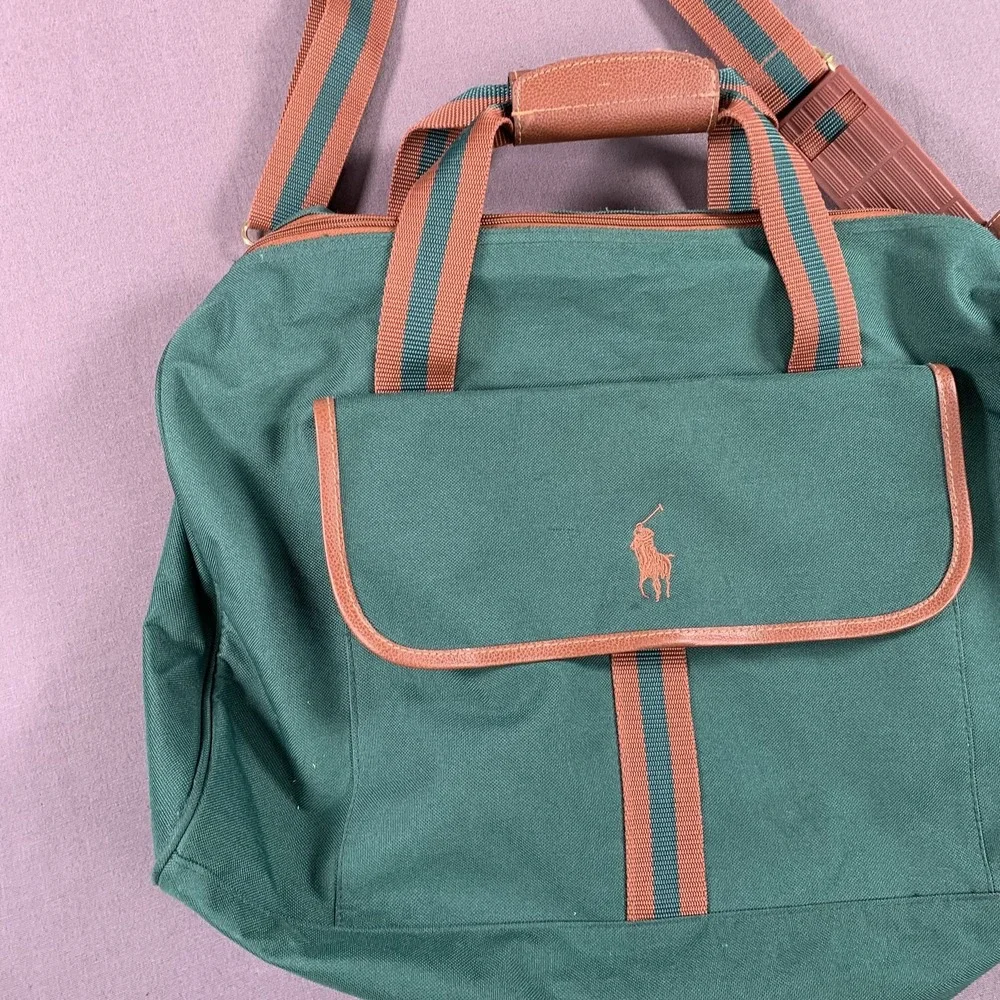 Vintage Ralph Lauren Polo Perfume Duffel Bag Green Brown Canvas Shoulder‎ Strap